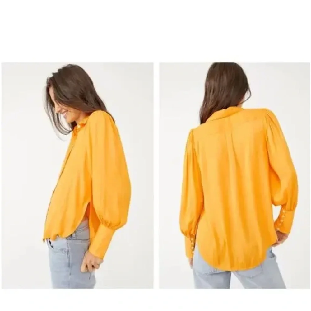 FREE PEOPLE Serena Silky Striped Button Down Shirt Blouse Yellow Size Medium